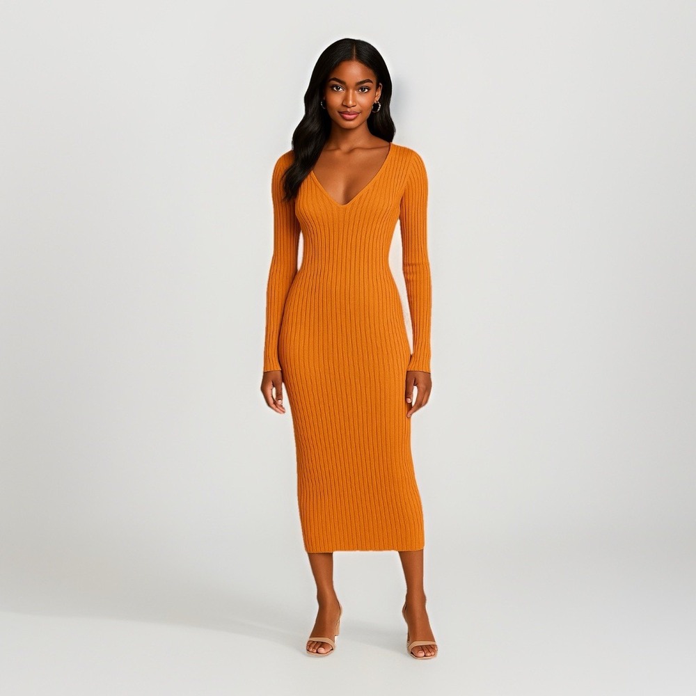 NBD Rust Orange Ribbed Knit Midi Dress Sz S Open Back Bodycon Transitional Piece